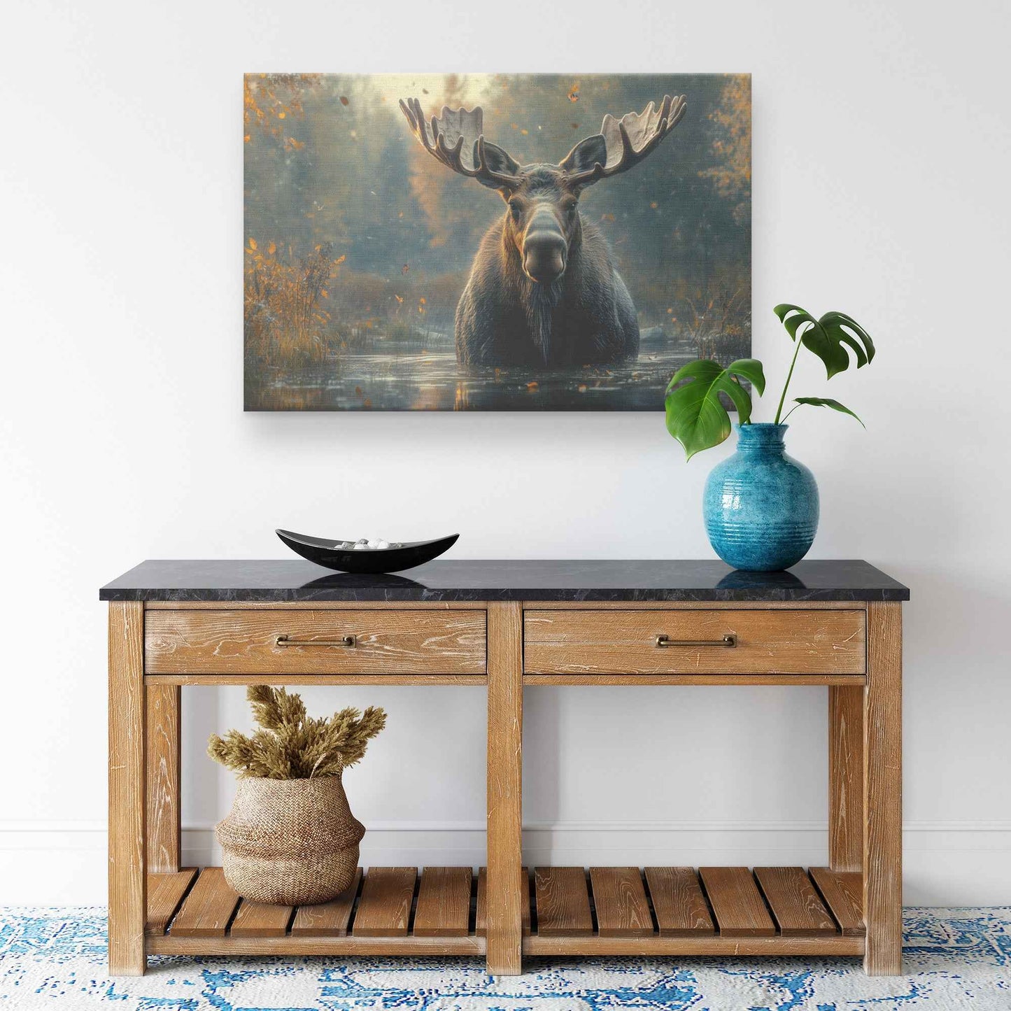 Majestic Moose in Tranquil Waters Graceful Journey Through the Misty Forest   Christian Canvas Wall Art Decor