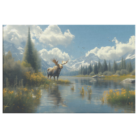 Majestic Moose in Vibrant Forest Setting with Snow-Capped Mountains  Tranquil Nature Canvas Wall Art Decor - Awakening Righteousness