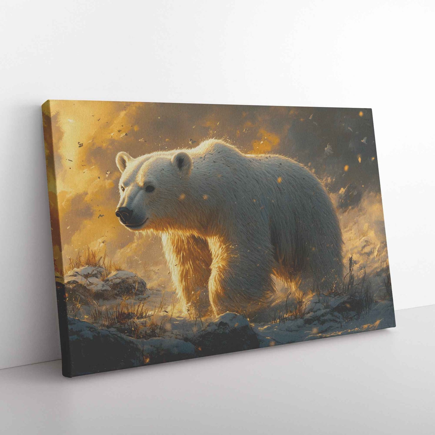 Majestic Polar Bear in Golden Snowfall   Christian Canvas Wall Art Decor