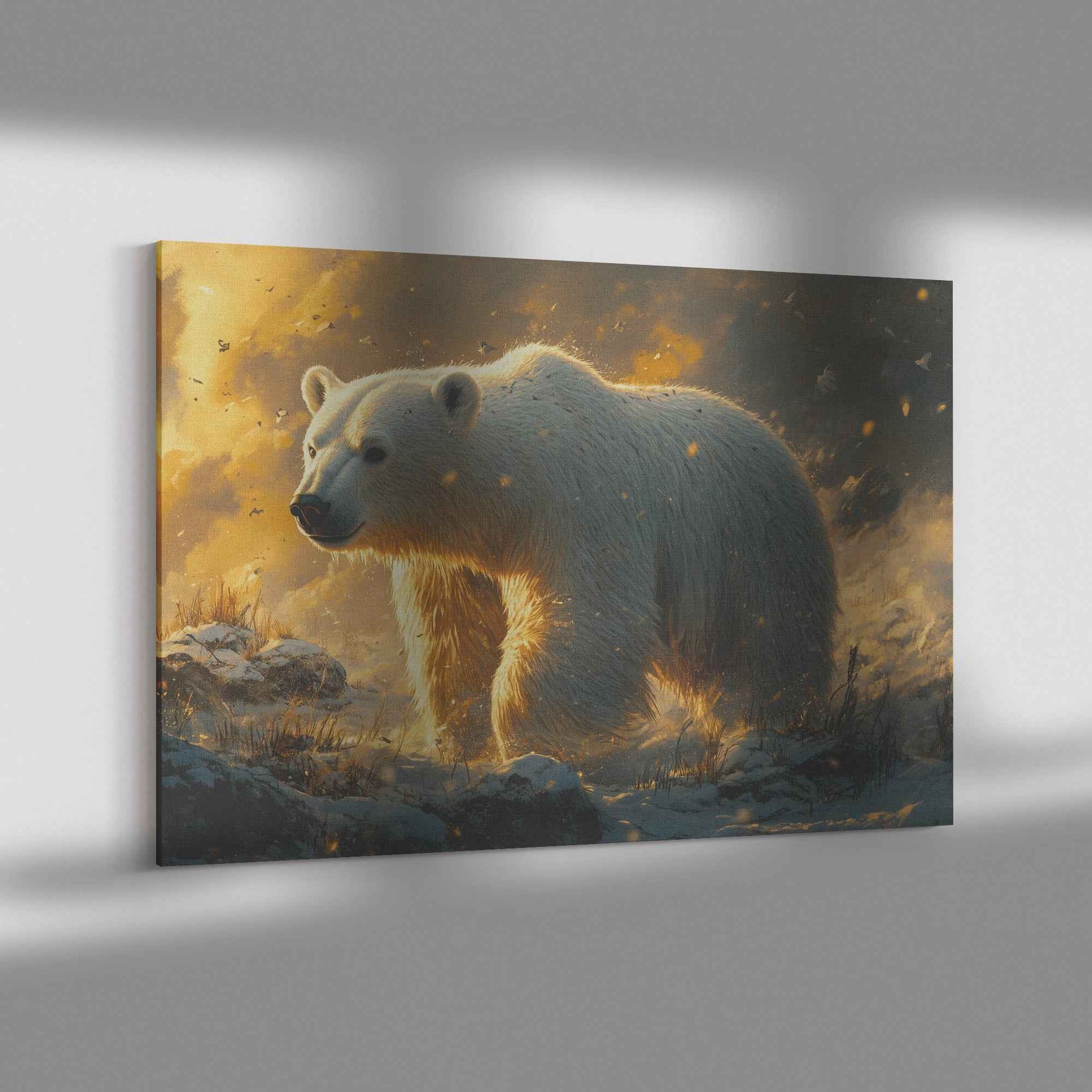 Majestic Polar Bear in Golden Snowfall   Christian Canvas Wall Art Decor