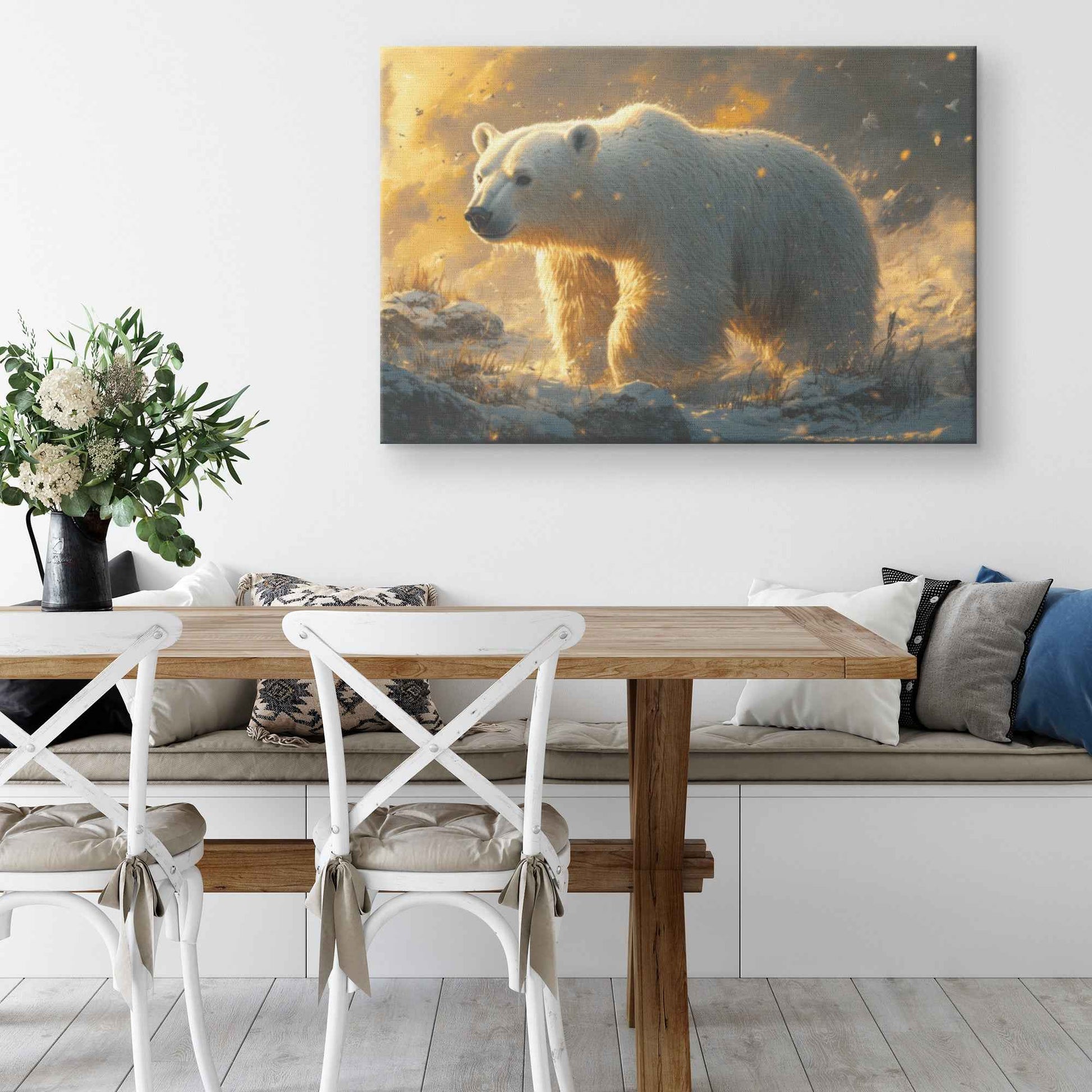 Majestic Polar Bear in Golden Snowfall   Christian Canvas Wall Art Decor