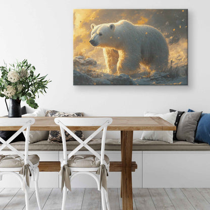 Majestic Polar Bear in Golden Snowfall   Christian Canvas Wall Art Decor