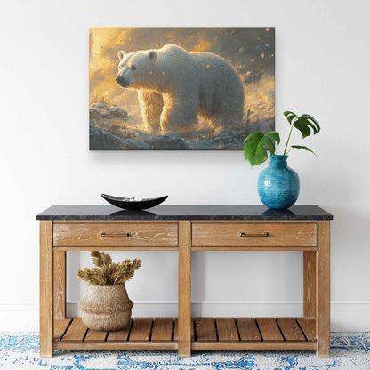 Majestic Polar Bear in Golden Snowfall   Christian Canvas Wall Art Decor