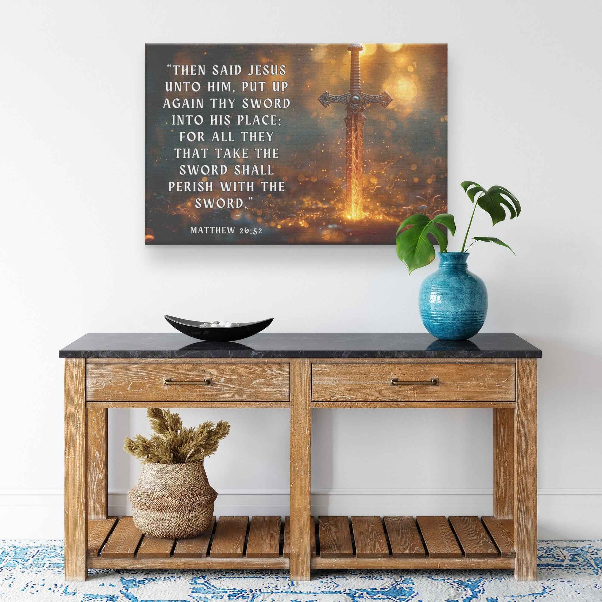 Majestic Sword of Righteousness Glowing Faith and Divine Protection Matthew 2652   Christian Canvas Wall Art Decor