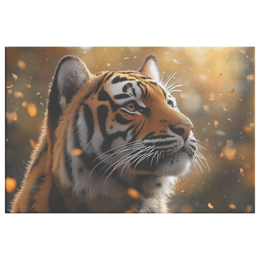 Majestic Tiger in Autumn Forest Clearing with Falling Leaves and Golden Sunlight   Canvas Wall Art Decor - Awakening Righteousness