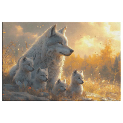 Majestic White Wolf with Cubs at Sunset A Peaceful Landscape with Golden Light and Tranquility   Christian Canvas Wall Art Decor