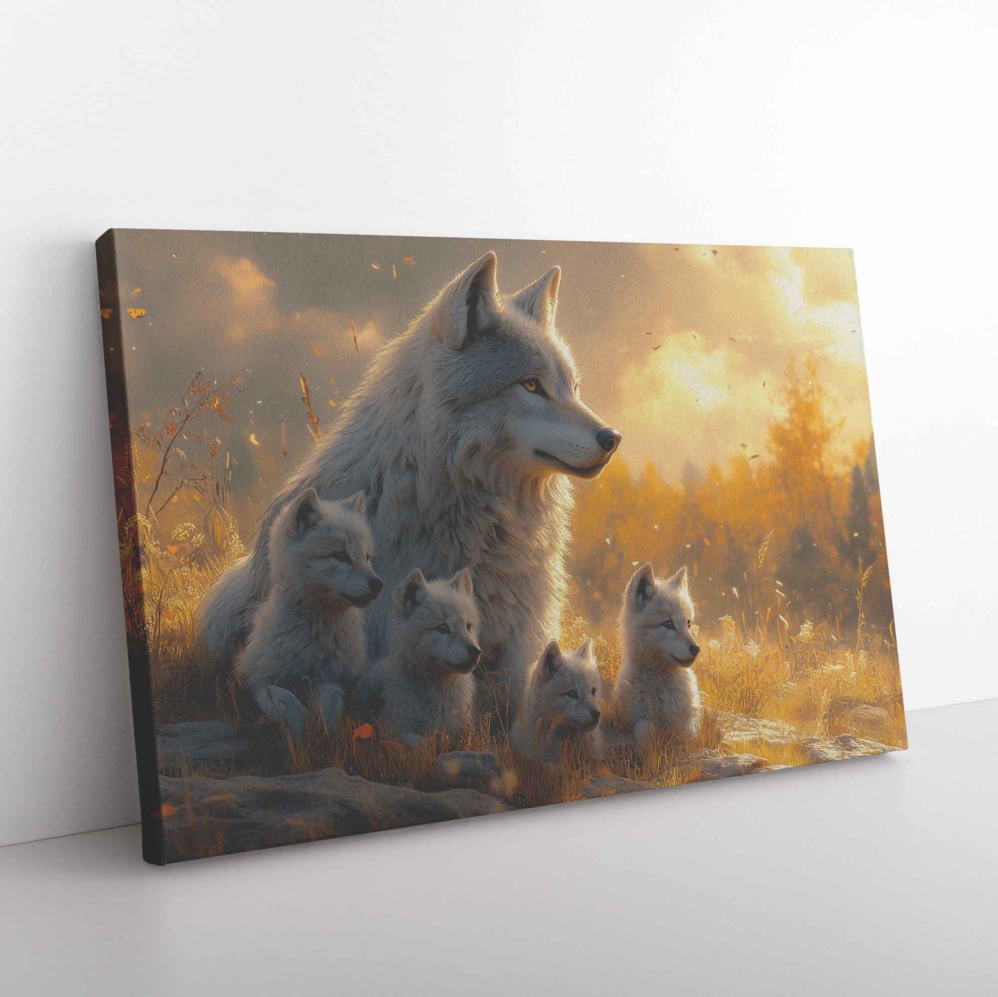 Majestic White Wolf with Cubs at Sunset A Peaceful Landscape with Golden Light and Tranquility   Christian Canvas Wall Art Decor