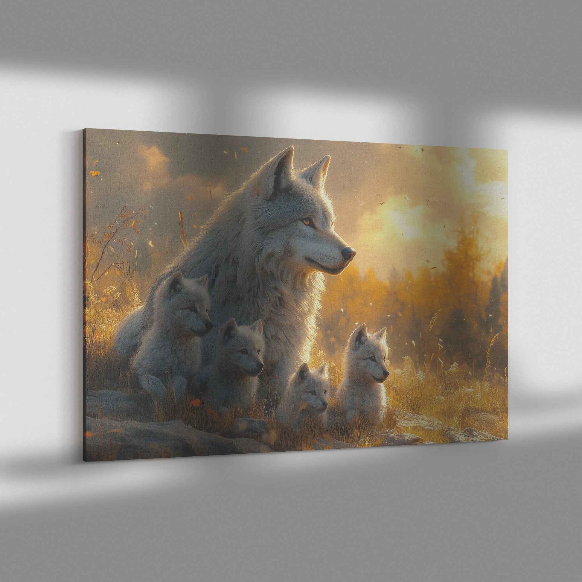 Majestic White Wolf with Cubs at Sunset A Peaceful Landscape with Golden Light and Tranquility   Christian Canvas Wall Art Decor