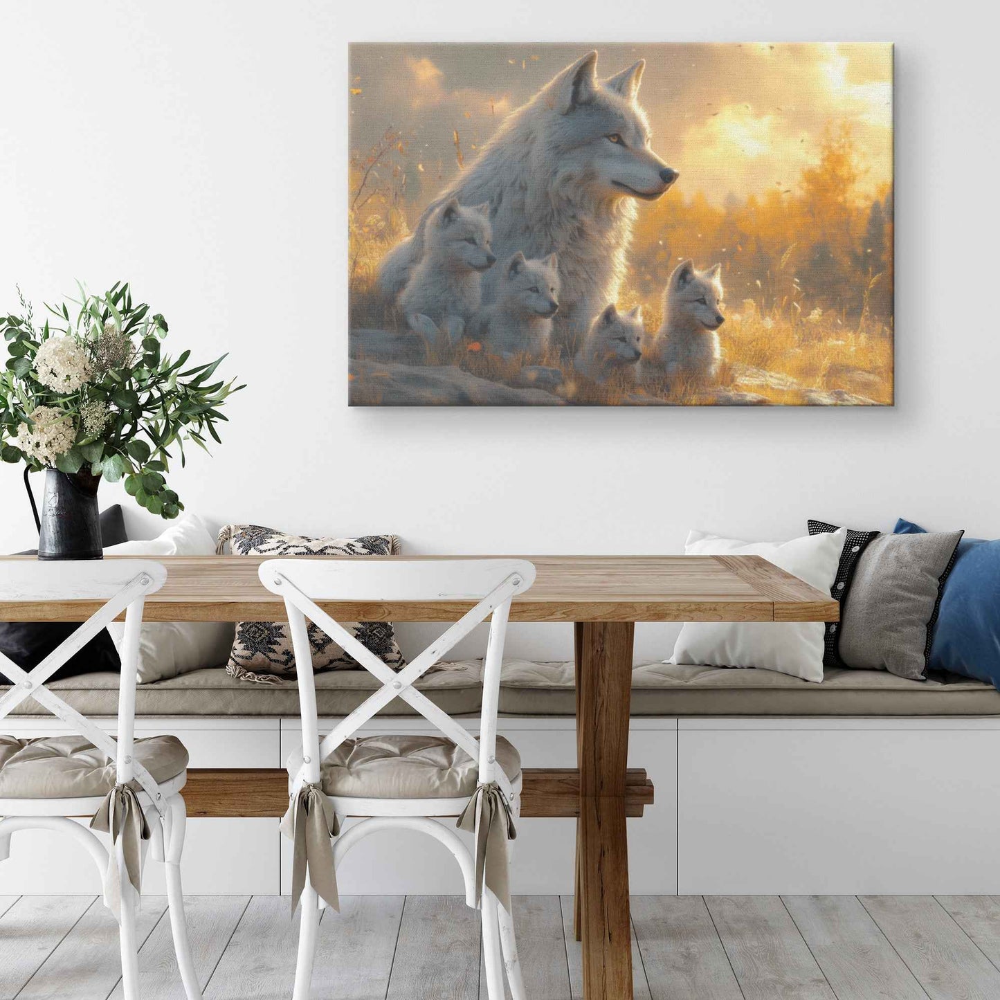 Majestic White Wolf with Cubs at Sunset A Peaceful Landscape with Golden Light and Tranquility   Christian Canvas Wall Art Decor