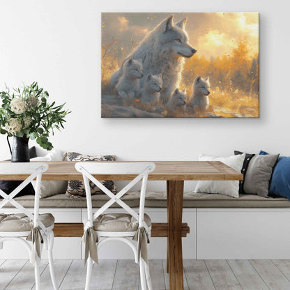 Majestic White Wolf with Cubs at Sunset A Peaceful Landscape with Golden Light and Tranquility   Christian Canvas Wall Art Decor