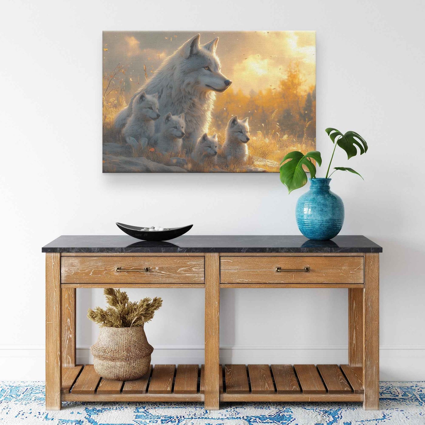 Majestic White Wolf with Cubs at Sunset A Peaceful Landscape with Golden Light and Tranquility   Christian Canvas Wall Art Decor