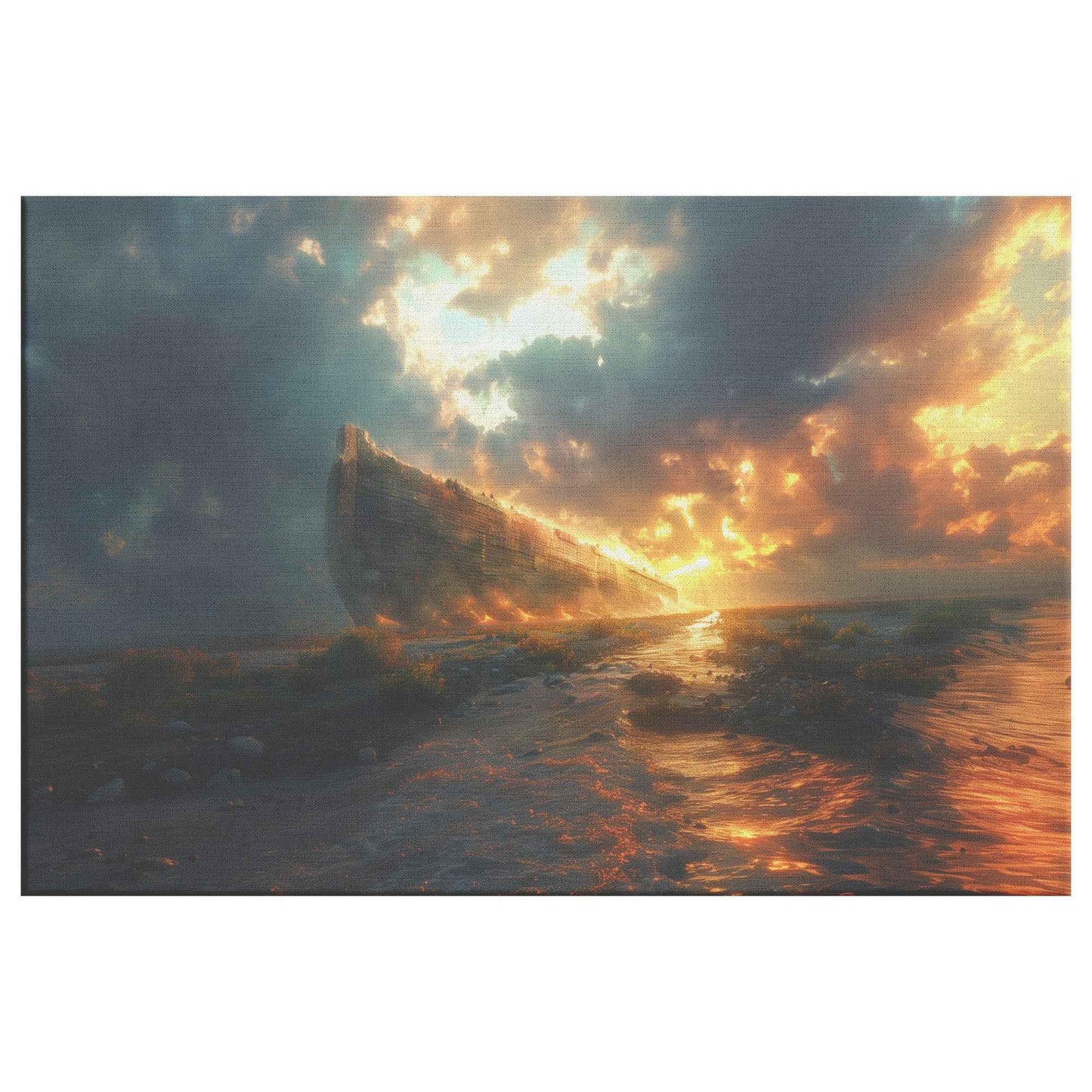 Noah’s Ark Amidst a Fiery Dawn and Stormy Seas   Christian Canvas Wall Art Decor