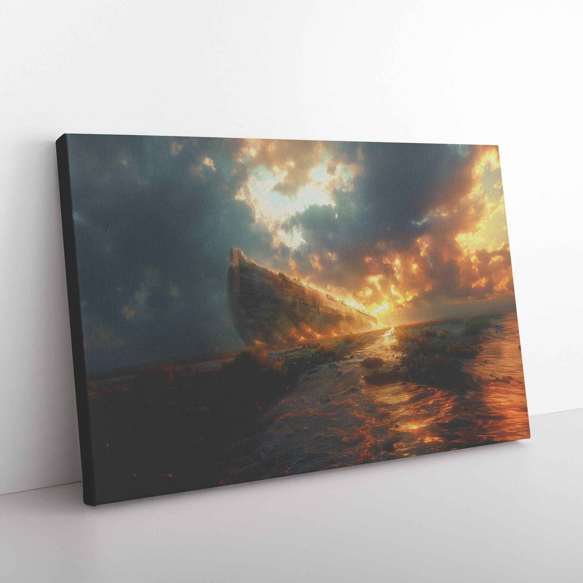 Noah’s Ark Amidst a Fiery Dawn and Stormy Seas   Christian Canvas Wall Art Decor