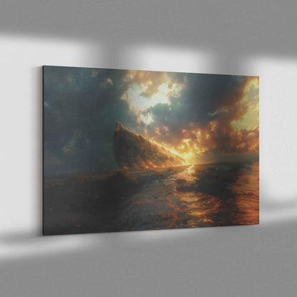 Noah’s Ark Amidst a Fiery Dawn and Stormy Seas   Christian Canvas Wall Art Decor