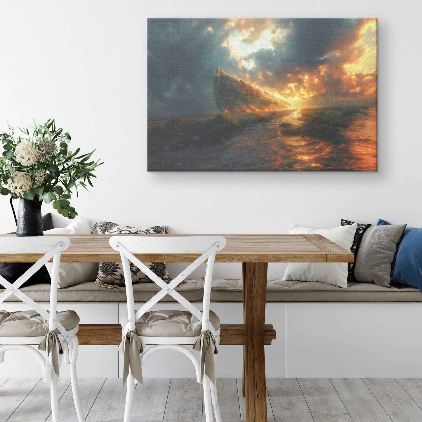 Noah’s Ark Amidst a Fiery Dawn and Stormy Seas   Christian Canvas Wall Art Decor