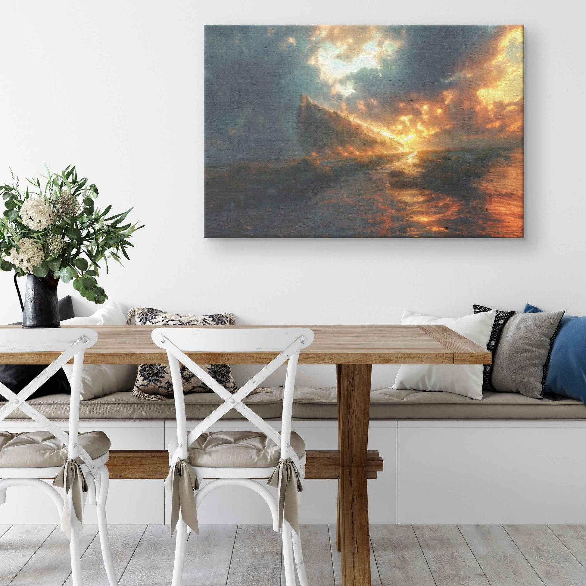 Noah’s Ark Amidst a Fiery Dawn and Stormy Seas   Christian Canvas Wall Art Decor