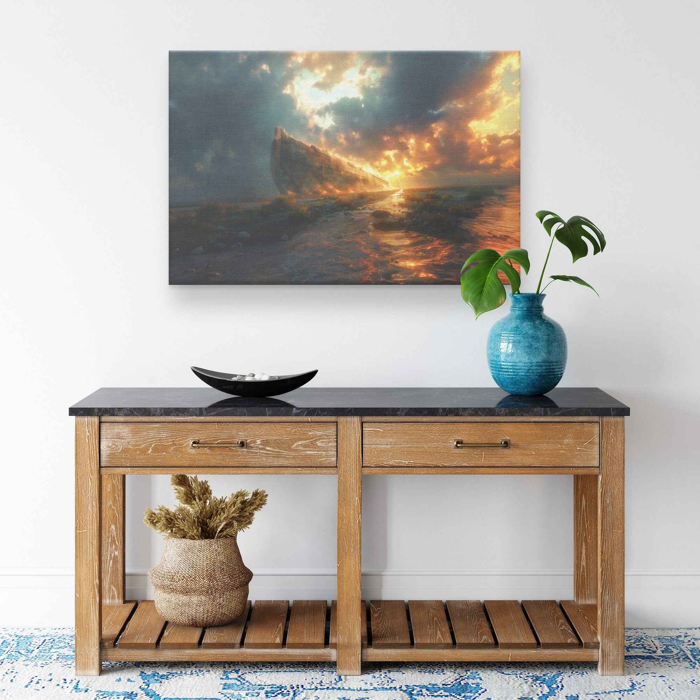Noah’s Ark Amidst a Fiery Dawn and Stormy Seas   Christian Canvas Wall Art Decor