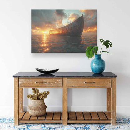 Noah's Ark Majestically Adrift at Dawn A Serene Embrace of Hope and Tranquility on the Ocean   Inspiring Christian Canvas Wall Art Decor