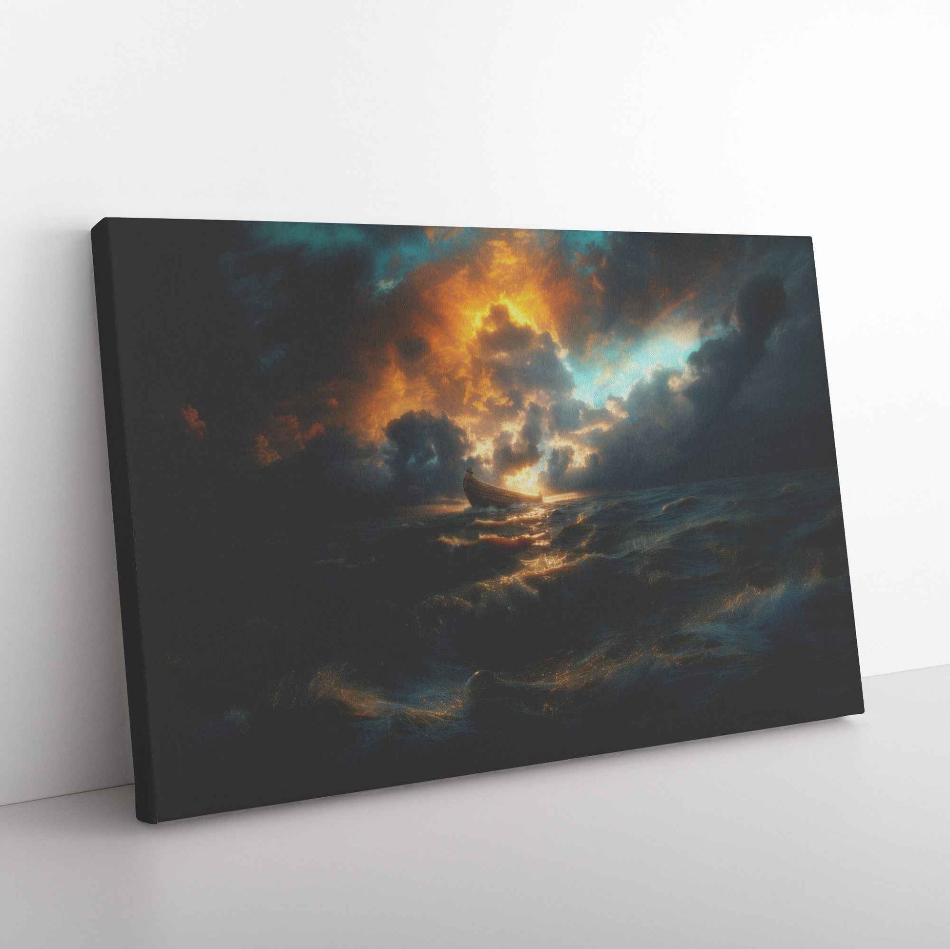 Noah's Ark Resiliently Navigating the Ethereal Storm A Dramatic Depiction of Hope Against a Turbulent Sea   Enchanting Christian Canvas Wall Art Decor