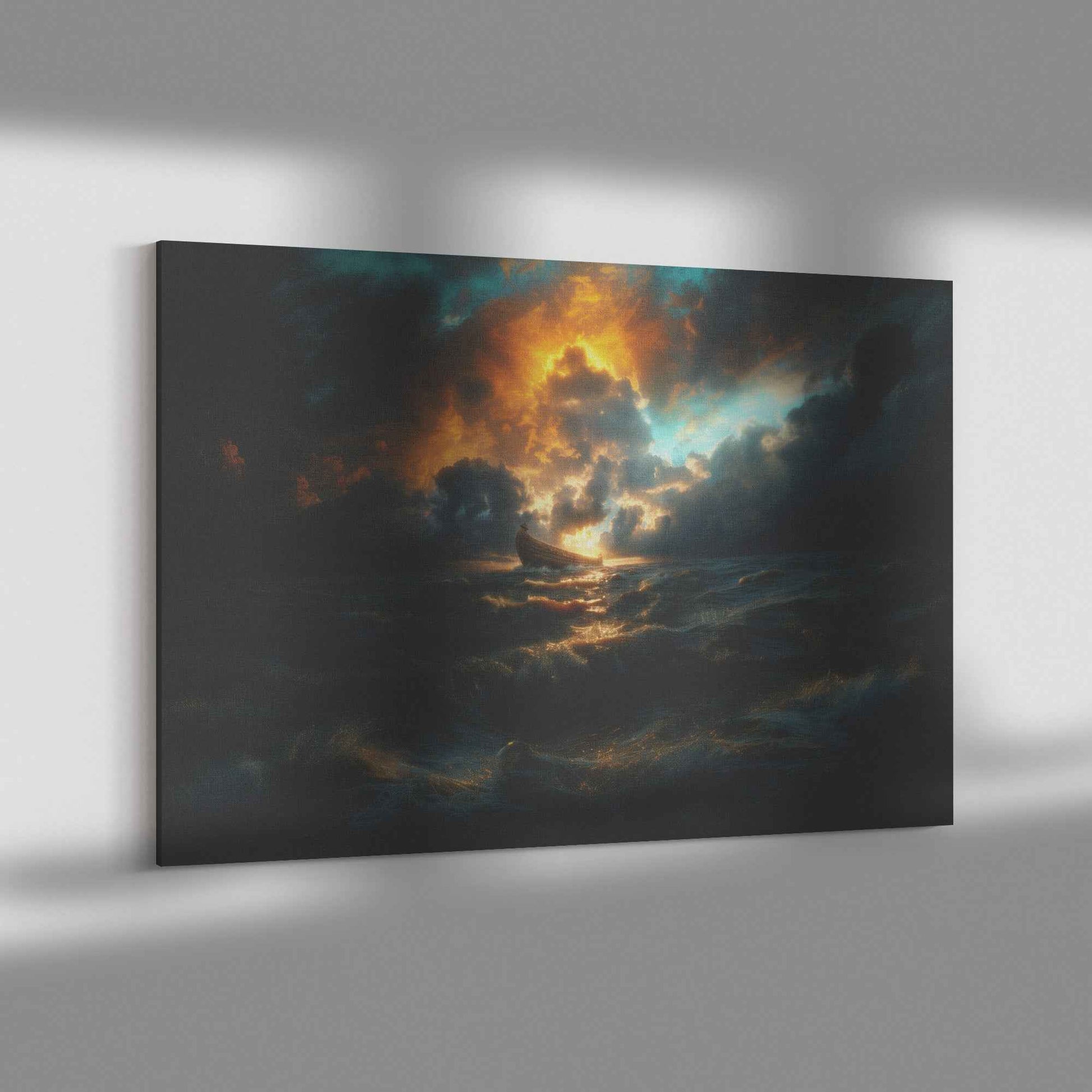 Noah's Ark Resiliently Navigating the Ethereal Storm A Dramatic Depiction of Hope Against a Turbulent Sea   Enchanting Christian Canvas Wall Art Decor
