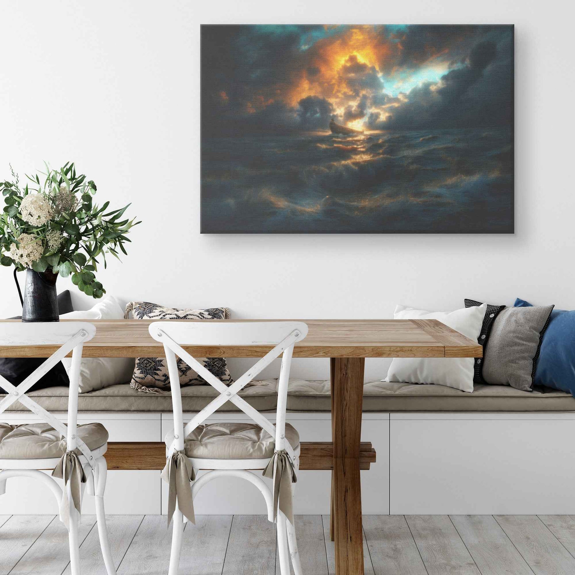 Noah's Ark Resiliently Navigating the Ethereal Storm A Dramatic Depiction of Hope Against a Turbulent Sea   Enchanting Christian Canvas Wall Art Decor