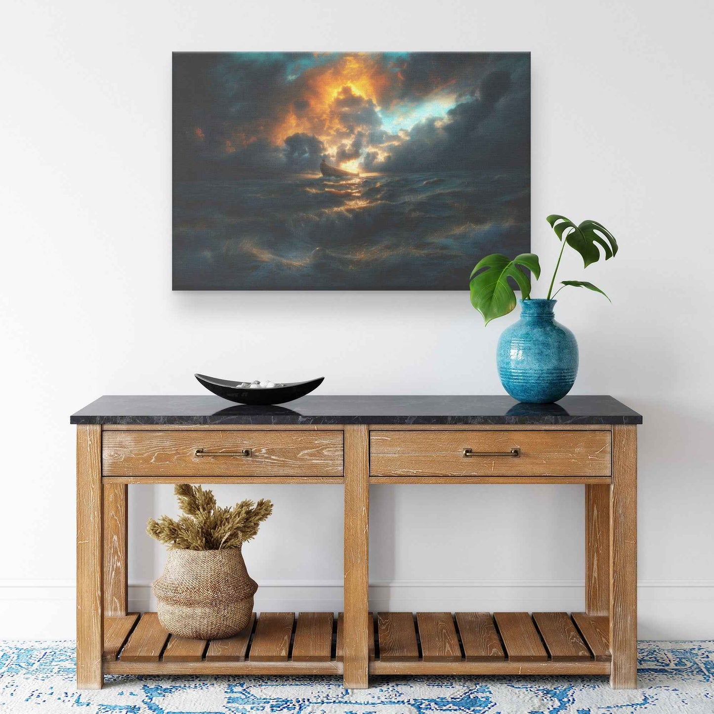 Noah's Ark Resiliently Navigating the Ethereal Storm A Dramatic Depiction of Hope Against a Turbulent Sea   Enchanting Christian Canvas Wall Art Decor