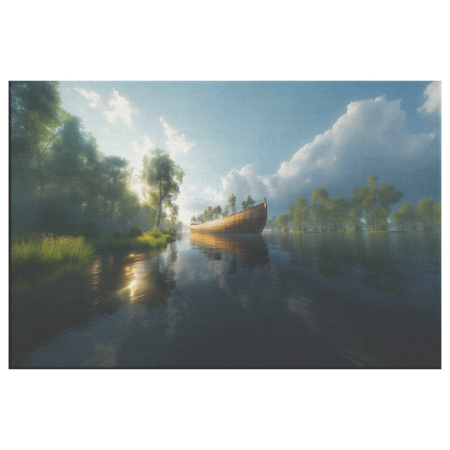 Noahs Ark on a Tranquil River Reflecting Blue Skies and Sunlit Clouds Surrounded Lush Greenery Serene Christian Canvas Wall Art Decor