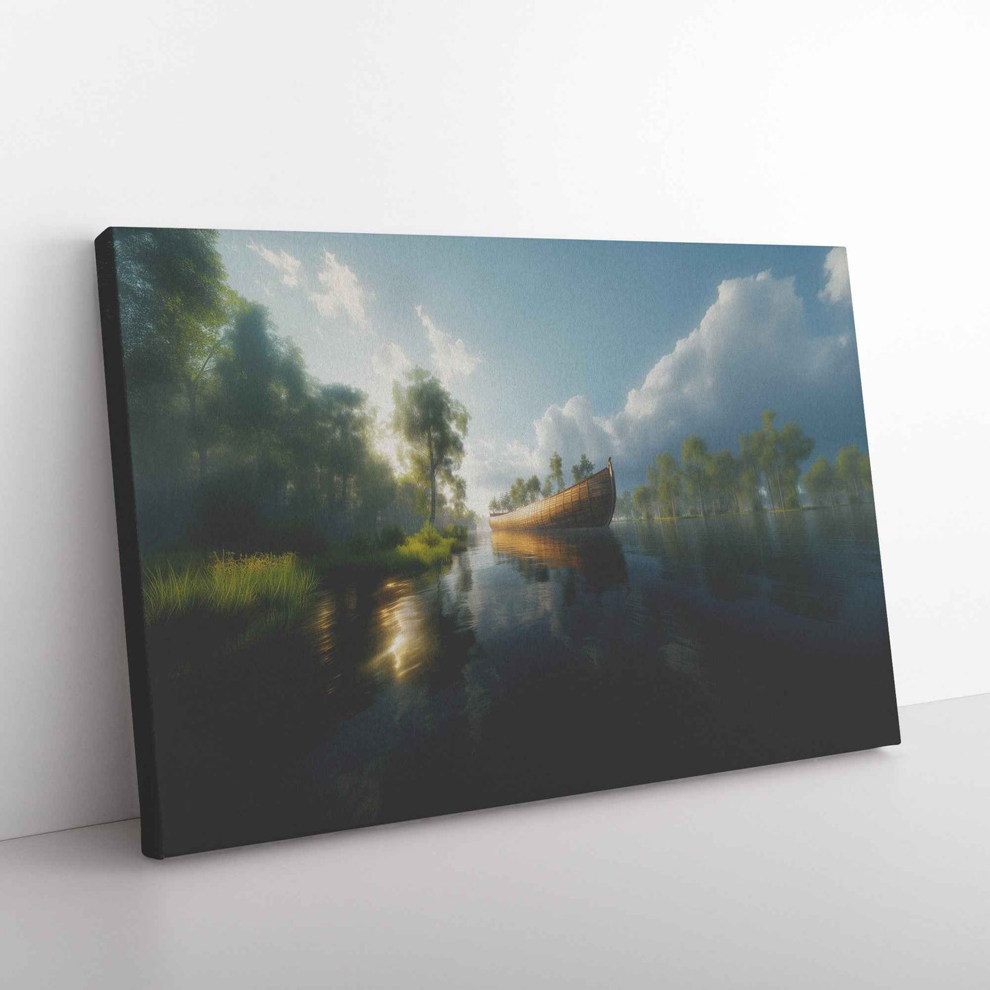 Noahs Ark on a Tranquil River Reflecting Blue Skies and Sunlit Clouds Surrounded Lush Greenery Serene Christian Canvas Wall Art Decor