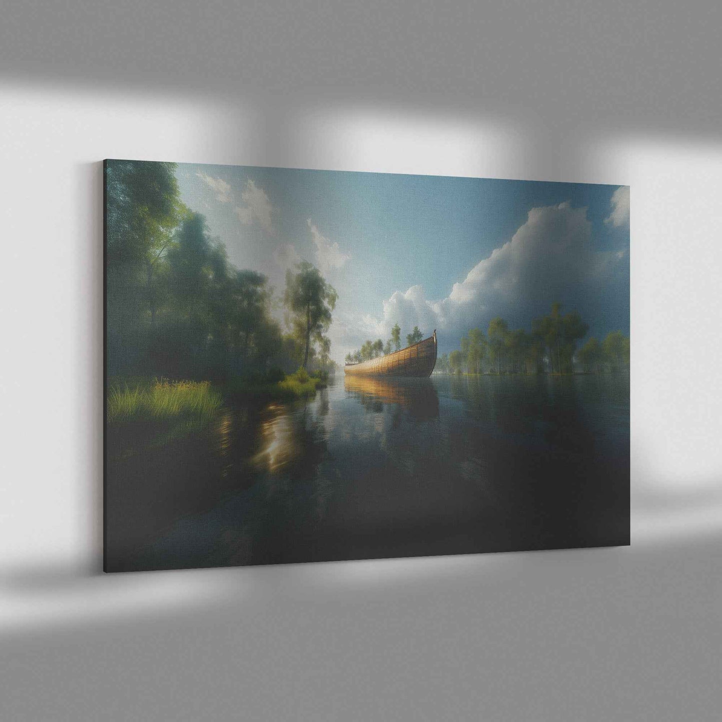 Noahs Ark on a Tranquil River Reflecting Blue Skies and Sunlit Clouds Surrounded Lush Greenery Serene Christian Canvas Wall Art Decor