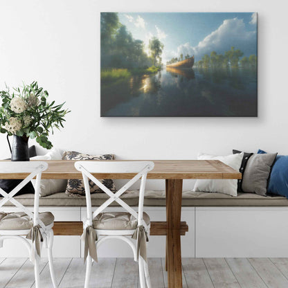 Noahs Ark on a Tranquil River Reflecting Blue Skies and Sunlit Clouds Surrounded Lush Greenery Serene Christian Canvas Wall Art Decor