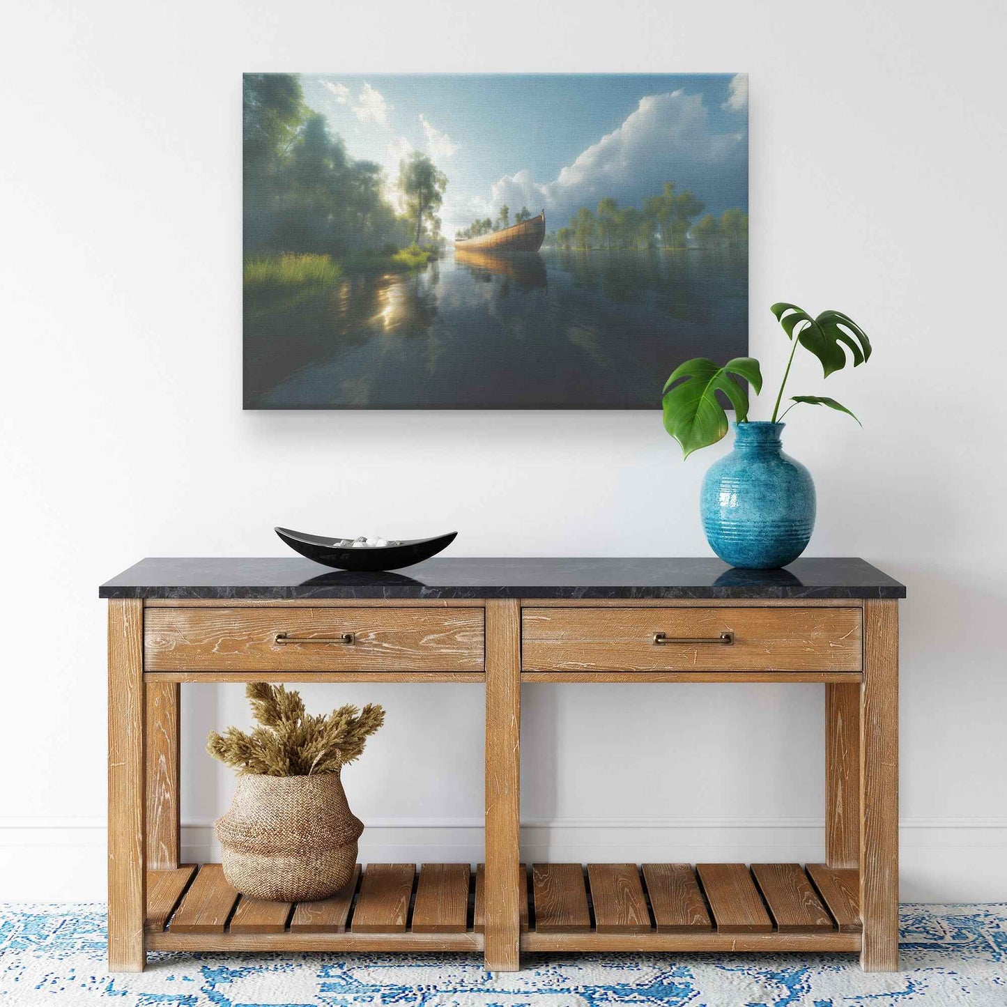 Noahs Ark on a Tranquil River Reflecting Blue Skies and Sunlit Clouds Surrounded Lush Greenery Serene Christian Canvas Wall Art Decor