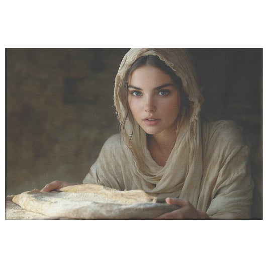 Nourishing Faith Woman Holding Bread in Ancient Kitchen   Enriching Christian Canvas Wall Art Decor