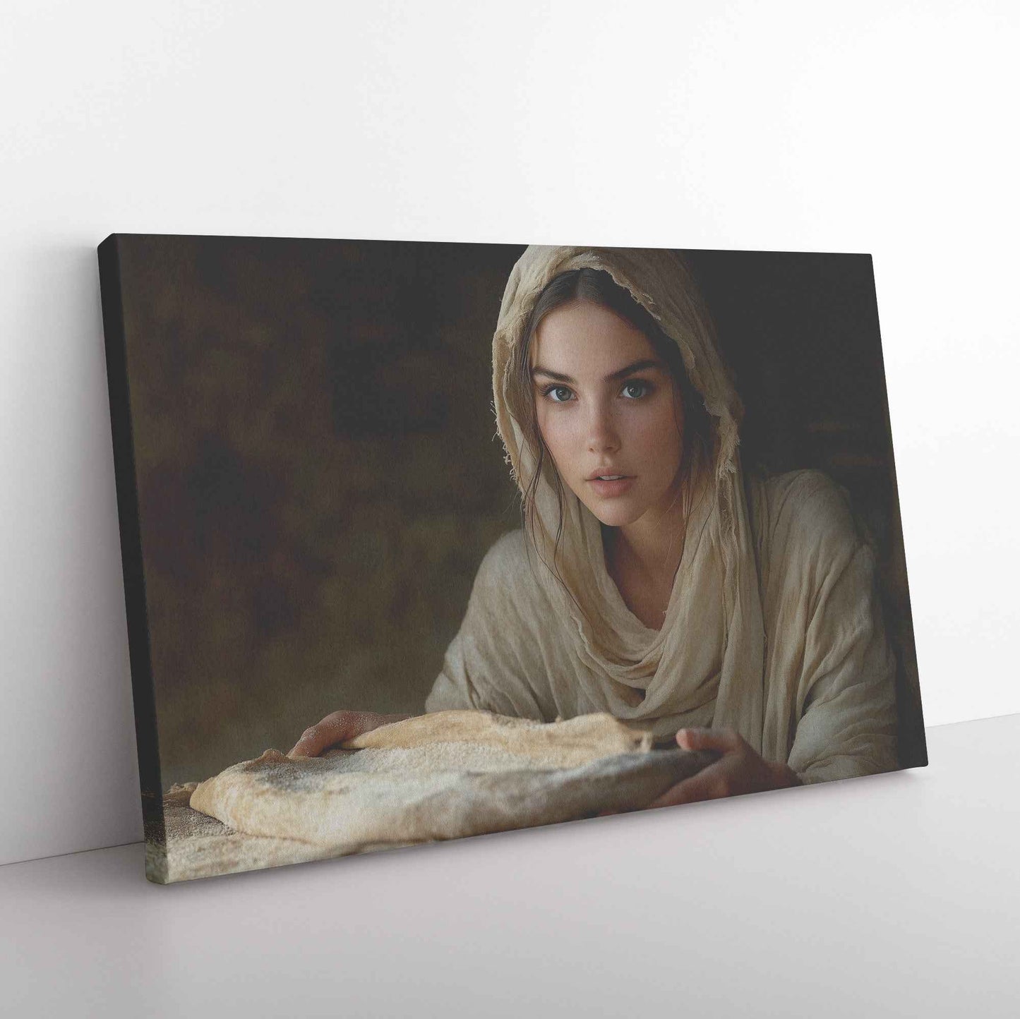 Nourishing Faith Woman Holding Bread in Ancient Kitchen   Enriching Christian Canvas Wall Art Decor
