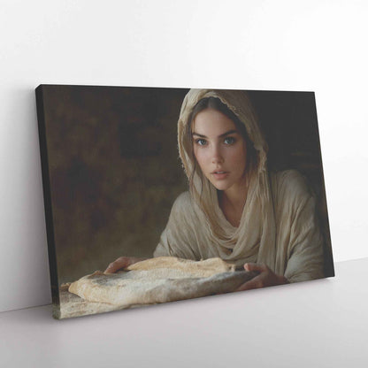 Nourishing Faith Woman Holding Bread in Ancient Kitchen   Enriching Christian Canvas Wall Art Decor