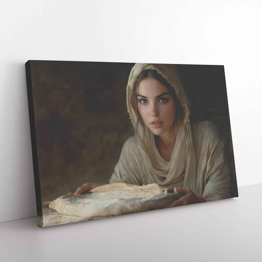 Nourishing Faith Woman Holding Bread in Ancient Kitchen   Enriching Christian Canvas Wall Art Decor