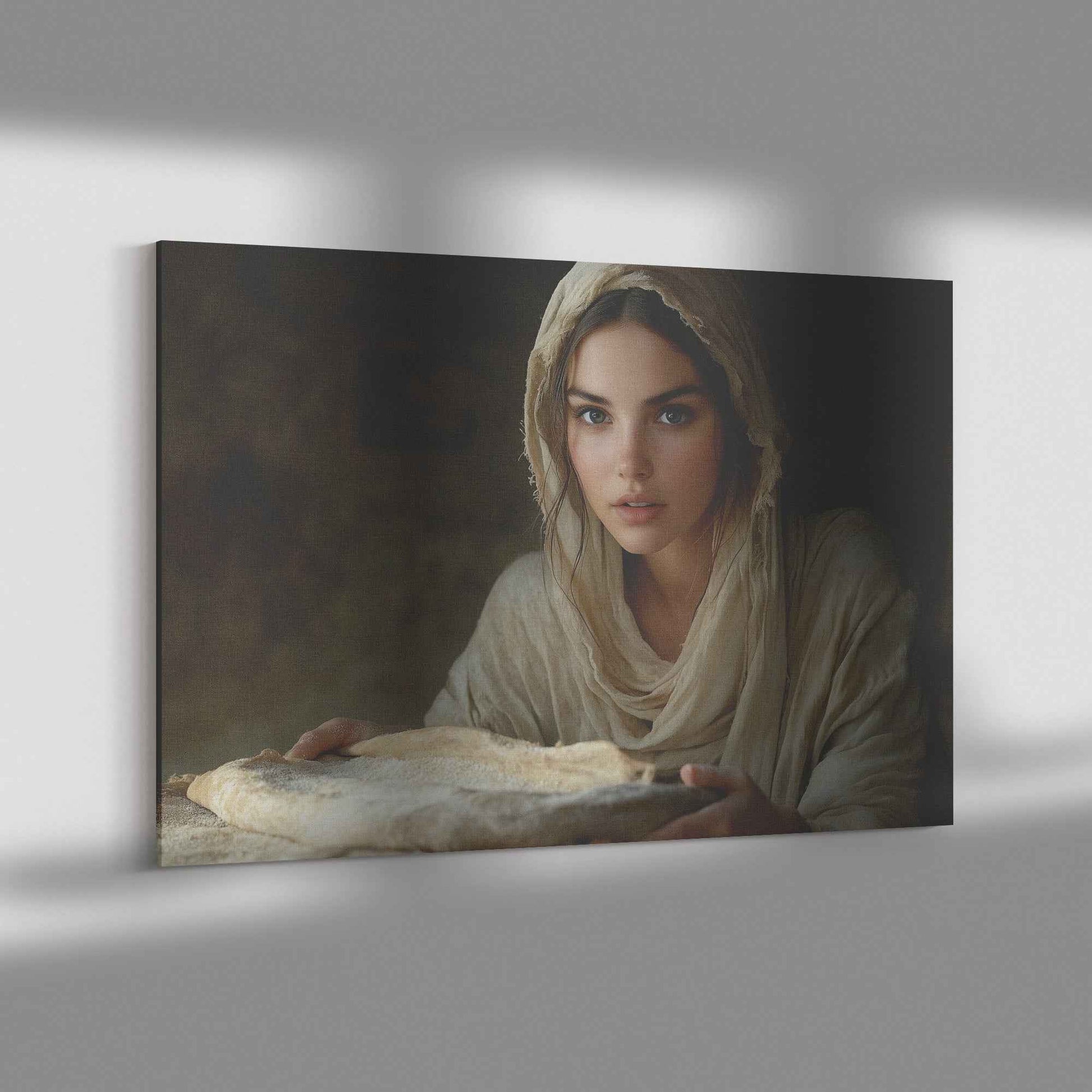 Nourishing Faith Woman Holding Bread in Ancient Kitchen   Enriching Christian Canvas Wall Art Decor