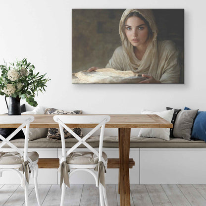 Nourishing Faith Woman Holding Bread in Ancient Kitchen   Enriching Christian Canvas Wall Art Decor
