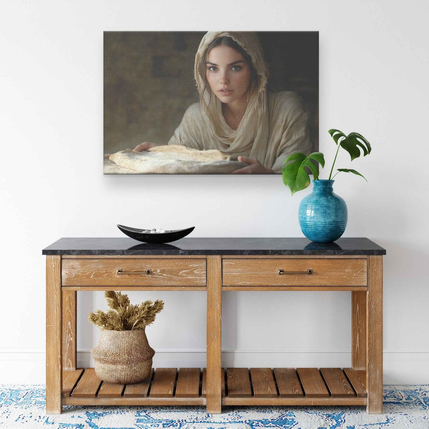 Nourishing Faith Woman Holding Bread in Ancient Kitchen   Enriching Christian Canvas Wall Art Decor