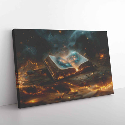 Open Glowing Bible With God Cosmos Creation Inside Book Canvas Art