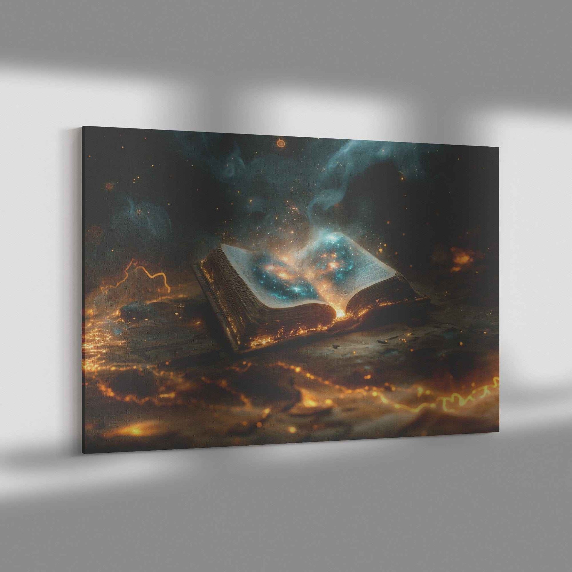 Open Glowing Bible With God Cosmos Creation Inside Book Canvas Art