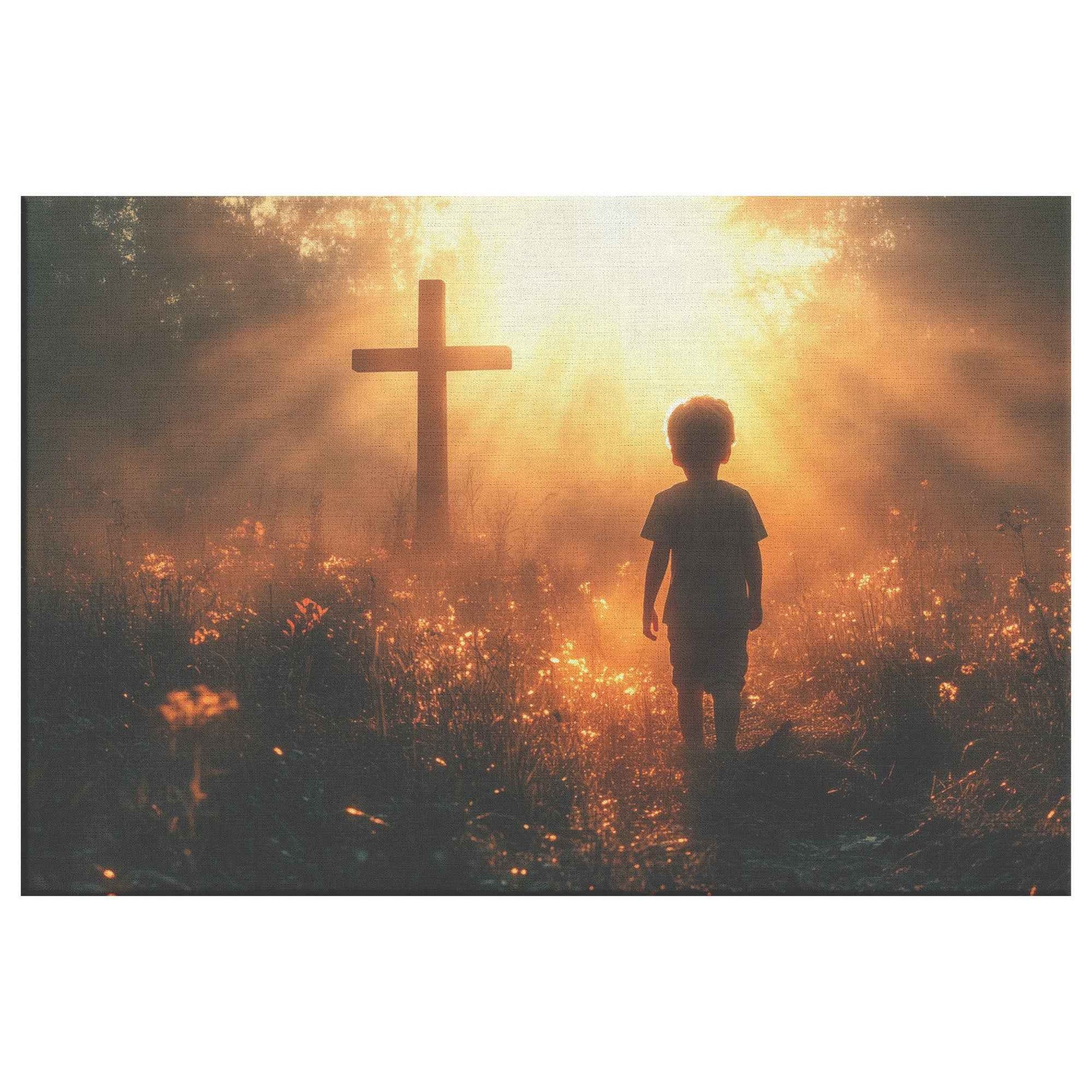 Path of Faith Little Boy Walking Towards the Cross in Enchanted Meadow  Awakening Hope Christian Canvas Wall Art Decor