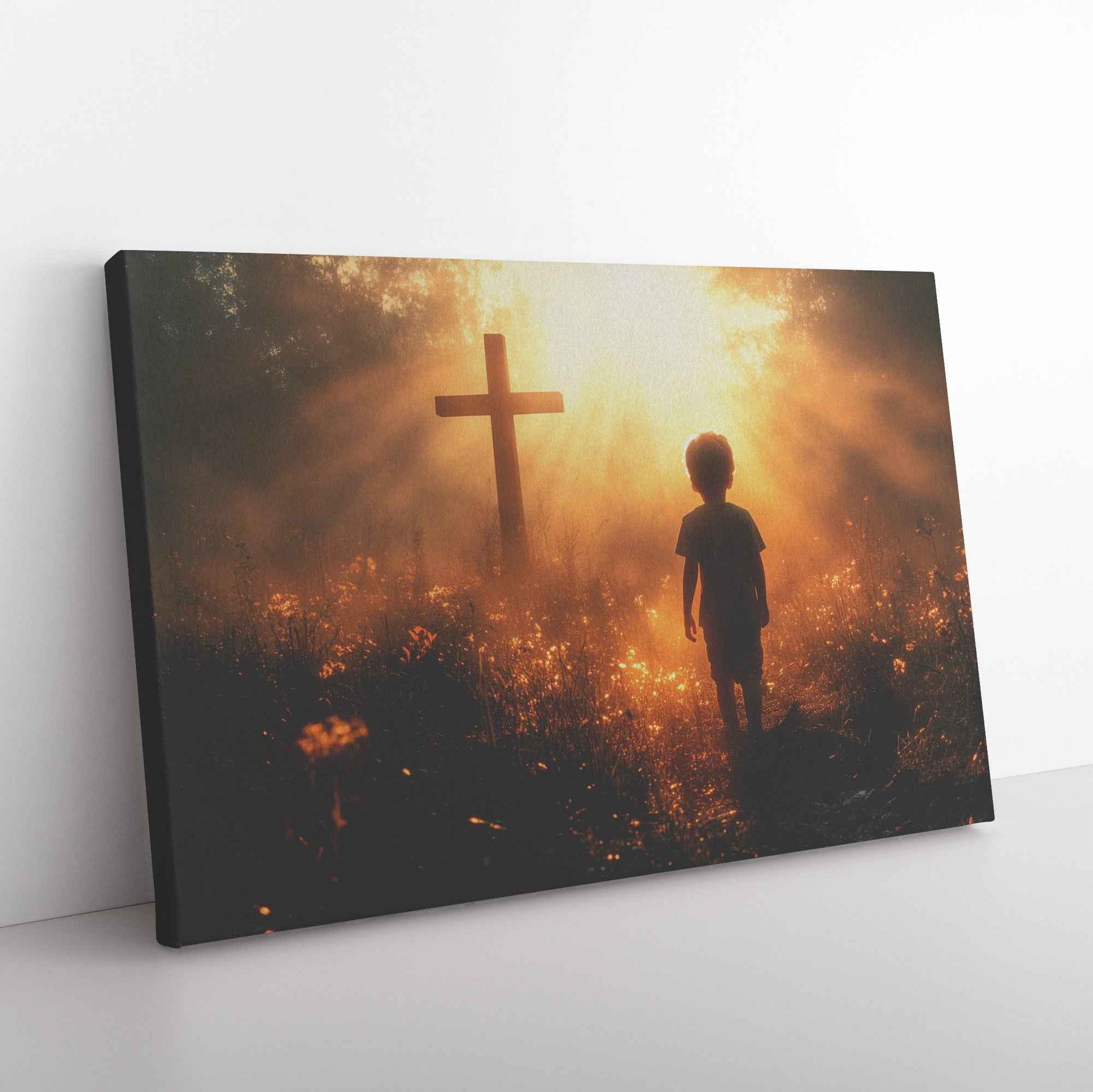 Path of Faith Little Boy Walking Towards the Cross in Enchanted Meadow  Awakening Hope Christian Canvas Wall Art Decor