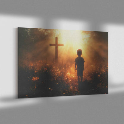 Path of Faith Little Boy Walking Towards the Cross in Enchanted Meadow  Awakening Hope Christian Canvas Wall Art Decor