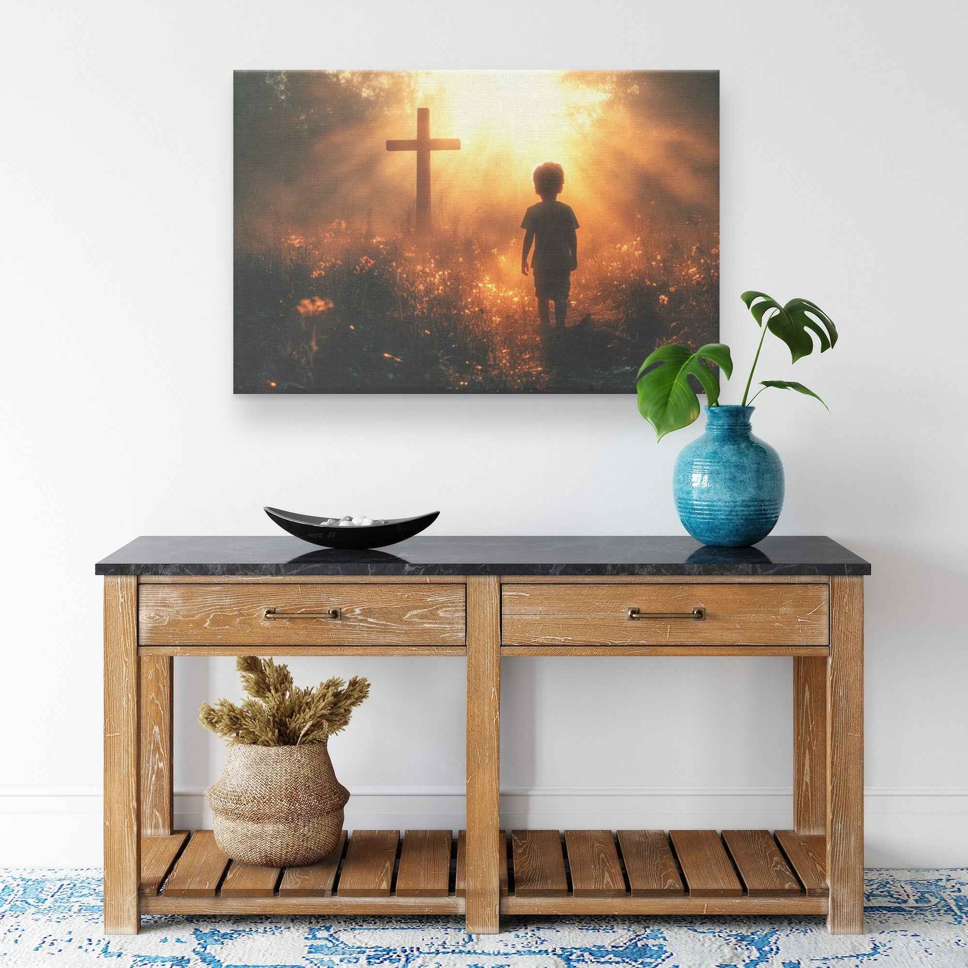 Path of Faith Little Boy Walking Towards the Cross in Enchanted Meadow  Awakening Hope Christian Canvas Wall Art Decor
