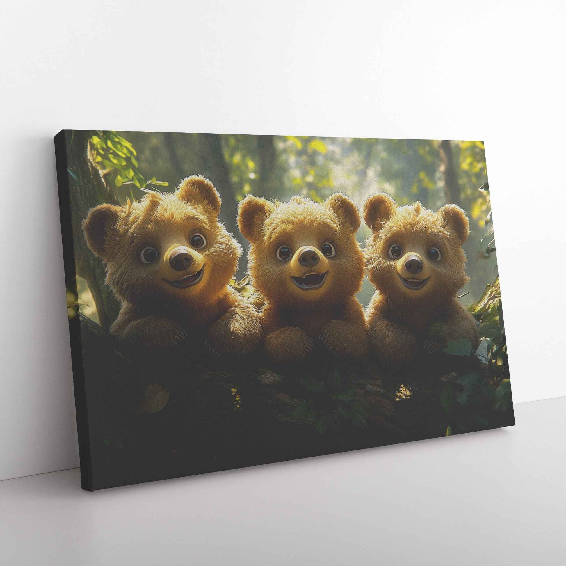 Playful Baby Bear Cubs on a Log in a Magical Forest Christian Canvas Wall Art Decor