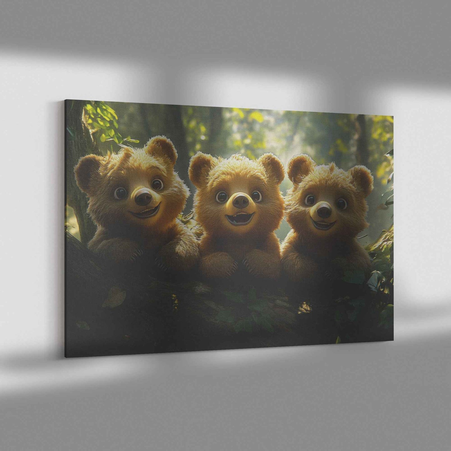 Playful Baby Bear Cubs on a Log in a Magical Forest Christian Canvas Wall Art Decor