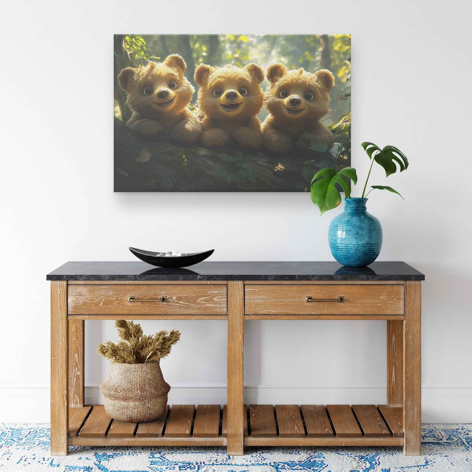 Playful Baby Bear Cubs on a Log in a Magical Forest Christian Canvas Wall Art Decor