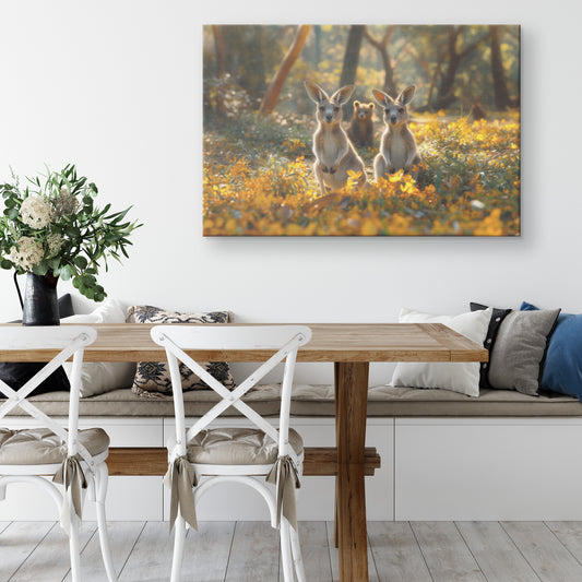Playful Baby Kangaroos and Bear Cub in a Flower Meadow at Golden Hour Canvas Wall Art Decor - Awakening Righteousness