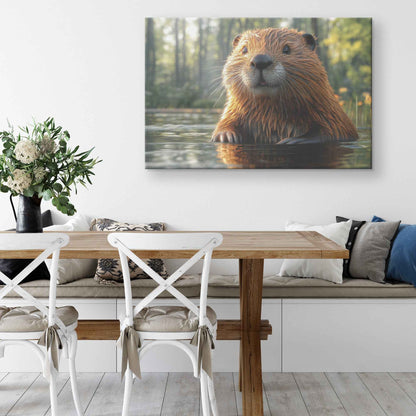 Playful Beaver in Enchanted Forest   Christian Canvas Wall Art Decor