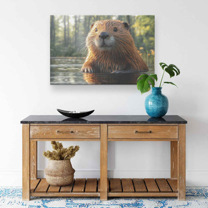 Playful Beaver in Enchanted Forest   Christian Canvas Wall Art Decor